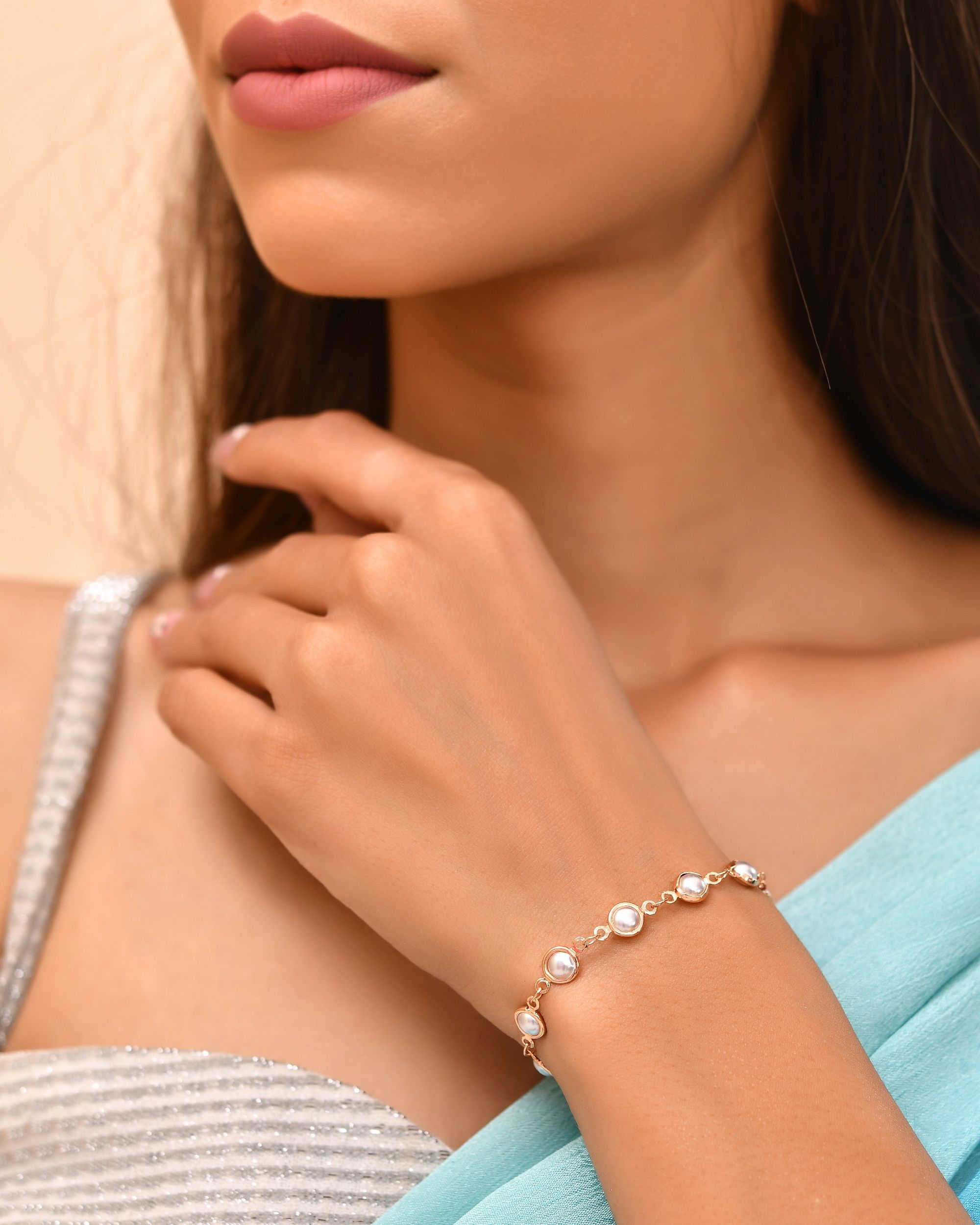 VOJ Rose Gold Polished Pearl Studded Bracelet | Grocsy