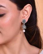 VOJ White Bead Studded Circular Oxidised Silver Plated Contemporary Jhumka | Grocsy
