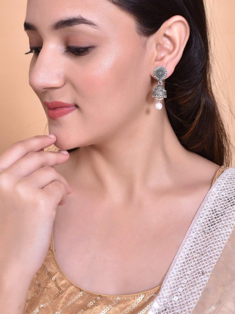 VOJ White Bead Studded Circular Oxidised Silver Plated Contemporary Jhumka | Grocsy