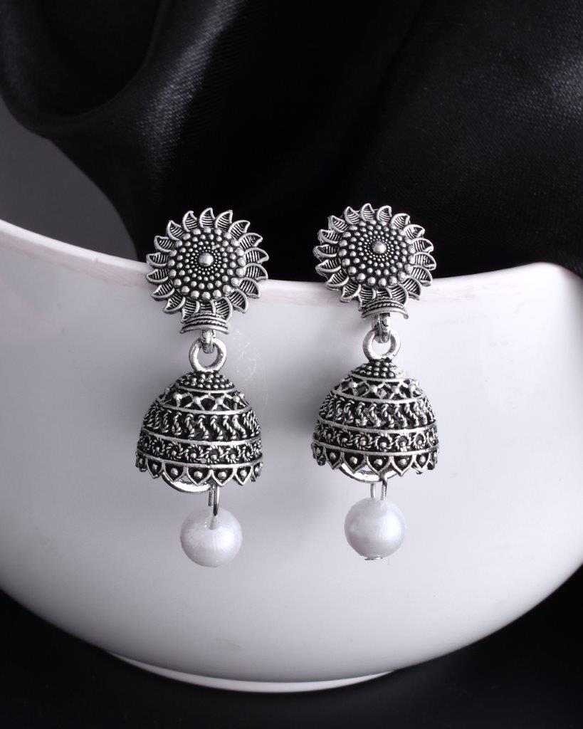 VOJ White Bead Studded Circular Oxidised Silver Plated Contemporary Jhumka | Grocsy