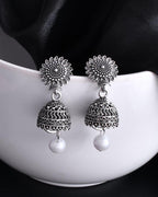 VOJ White Bead Studded Circular Oxidised Silver Plated Contemporary Jhumka | Grocsy