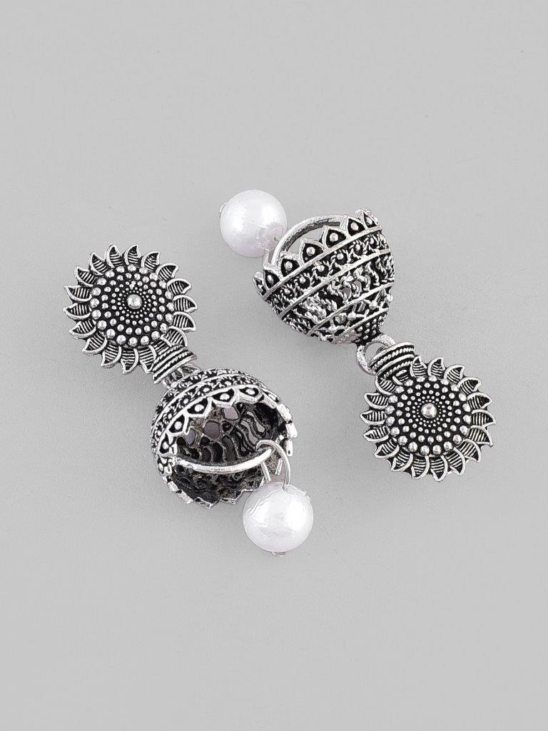 VOJ White Bead Studded Circular Oxidised Silver Plated Contemporary Jhumka | Grocsy
