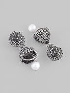 VOJ White Bead Studded Circular Oxidised Silver Plated Contemporary Jhumka | Grocsy