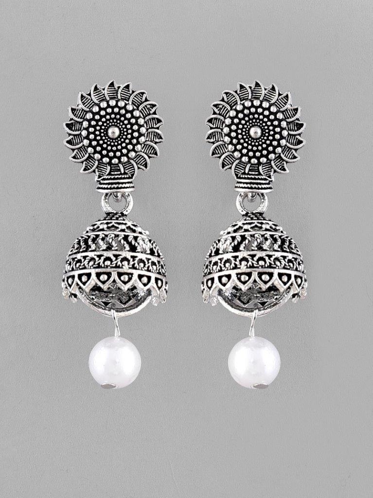 VOJ White Bead Studded Circular Oxidised Silver Plated Contemporary Jhumka | Grocsy
