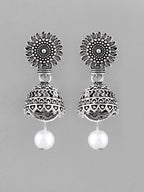 VOJ White Bead Studded Circular Oxidised Silver Plated Contemporary Jhumka | Grocsy