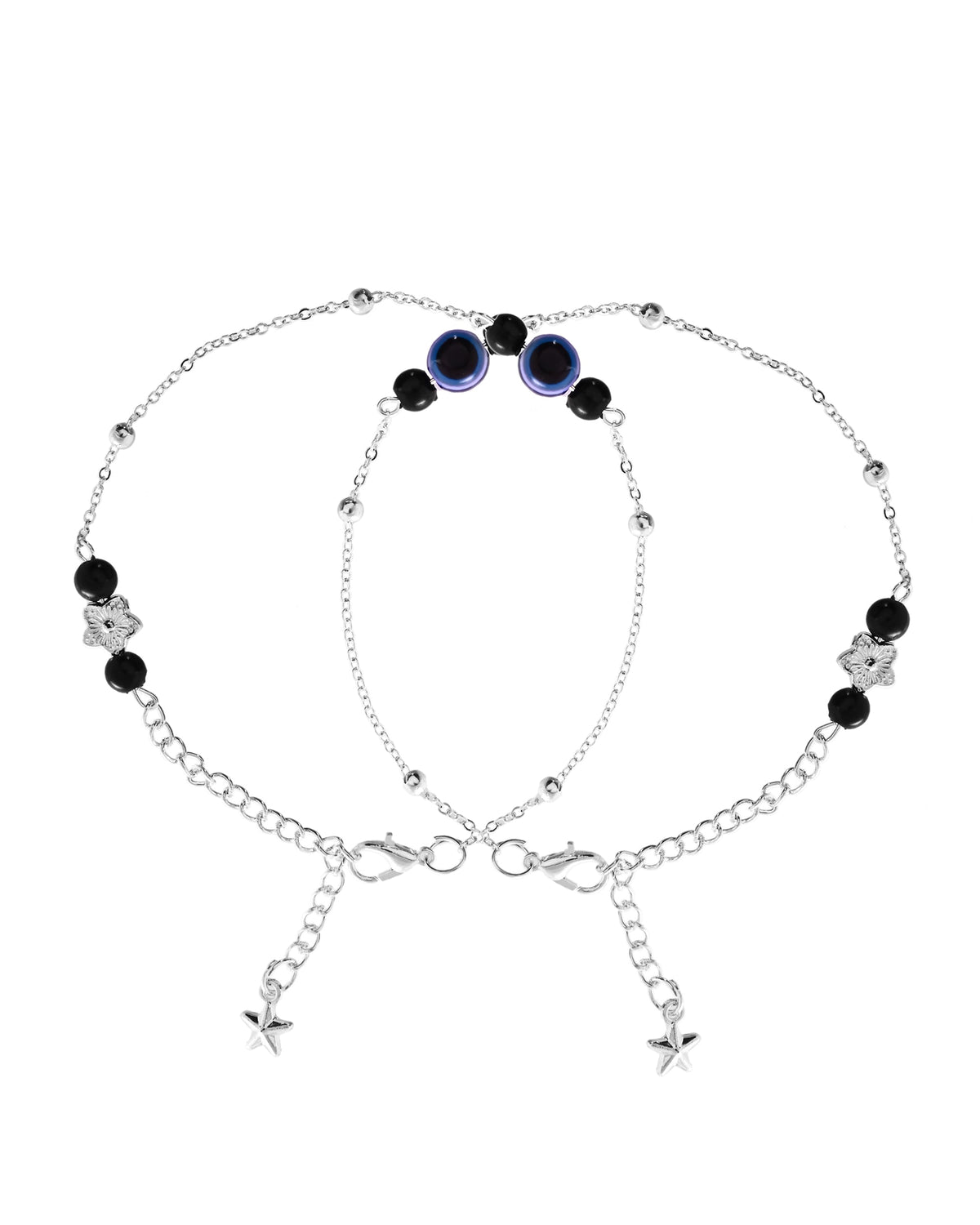 VOJ Set of 2 Silver Plated Evil Eye Beaded Anklet | Grocsy