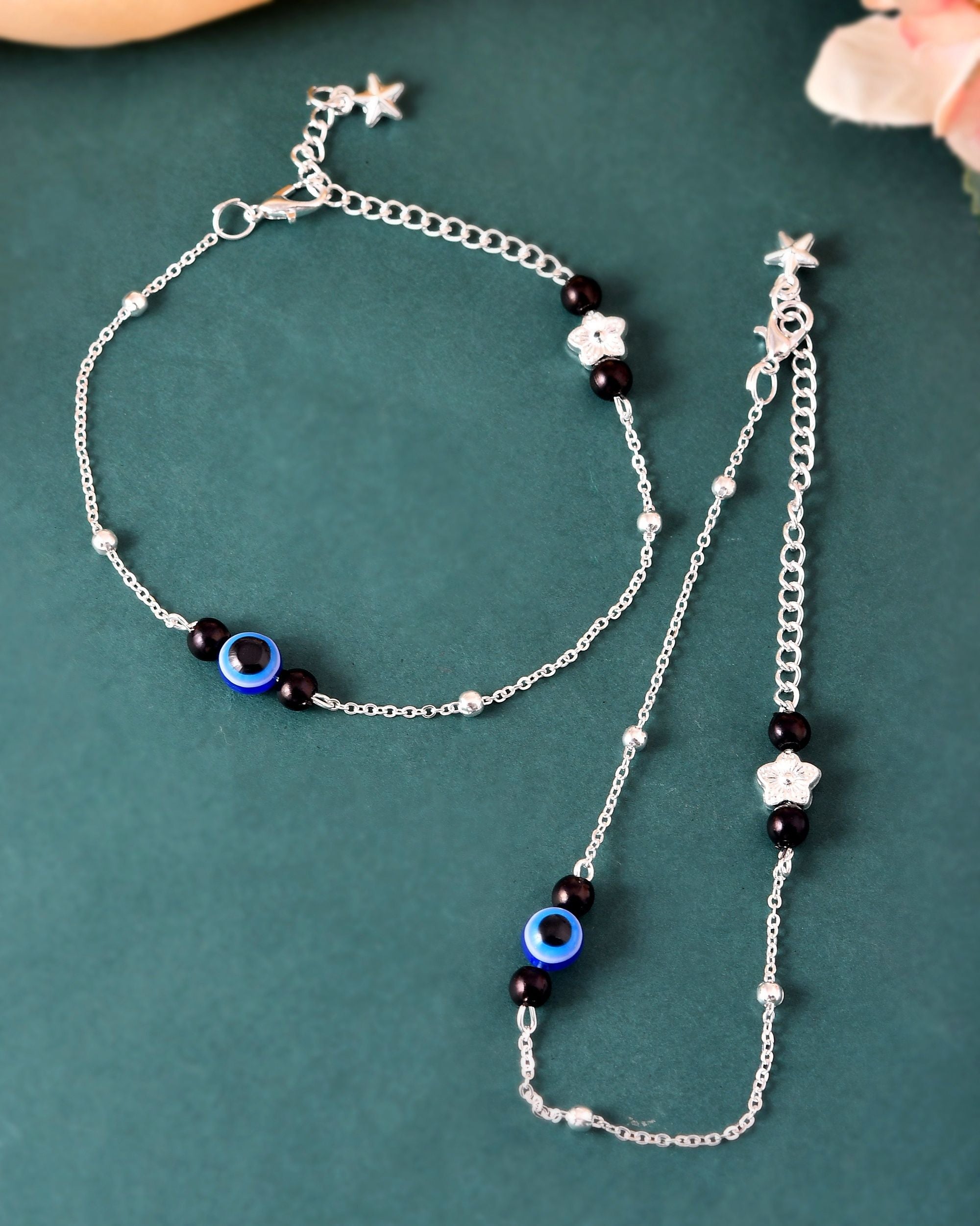 VOJ Set of 2 Silver Plated Evil Eye Beaded Anklet | Grocsy