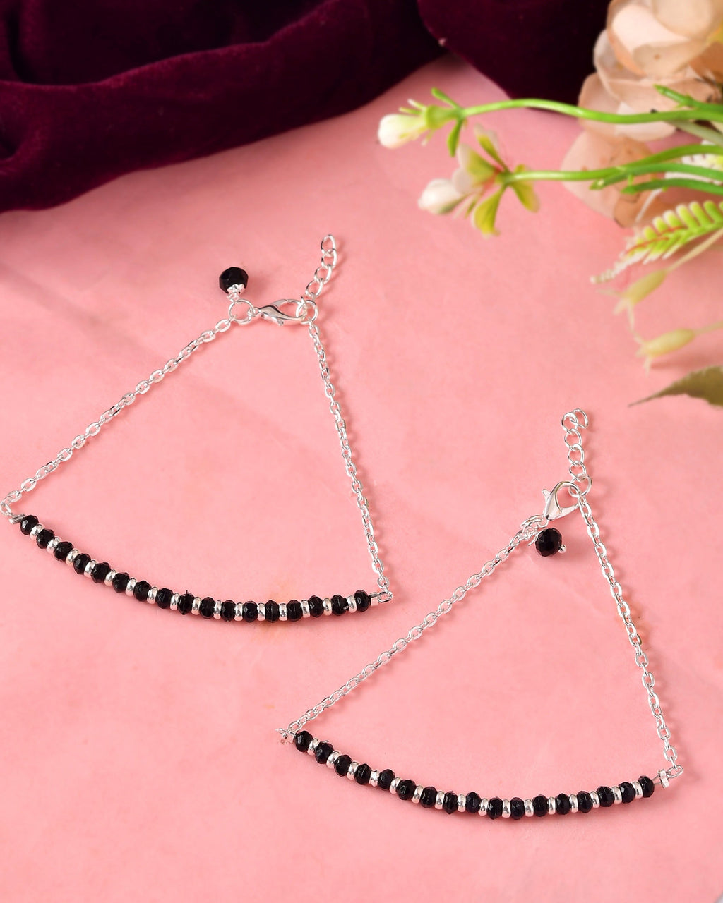 VOJ Set Of 2 Silver-Plated Artificial Beads Stainless Steel Anklet | Grocsy