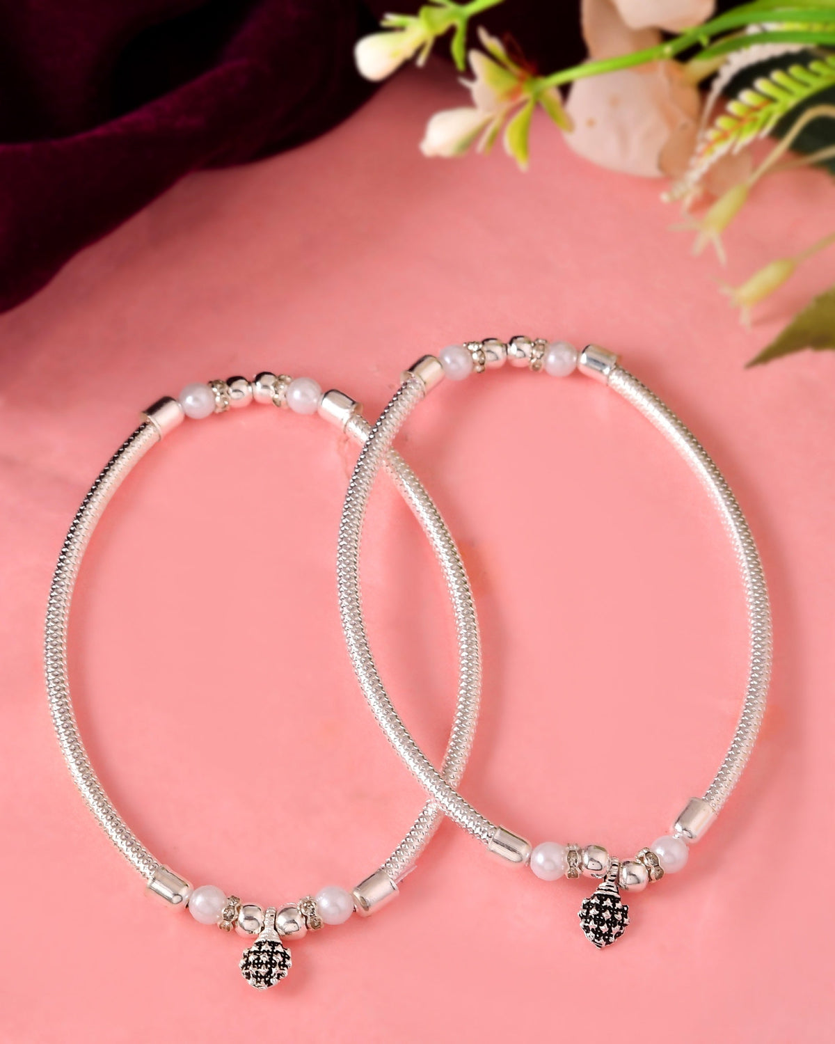 VOJ Set of 2 Silver Plated Stainless Steel Elasticated Anklet | Grocsy