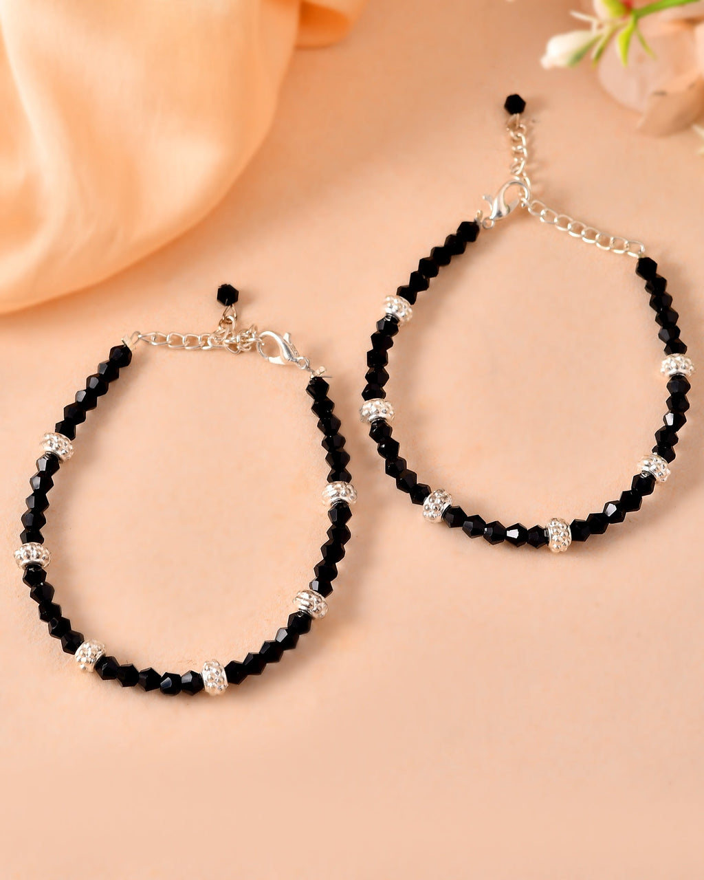 VOJ Set of 2 Silver Plated Artificial Beads Studded Anklet | Grocsy