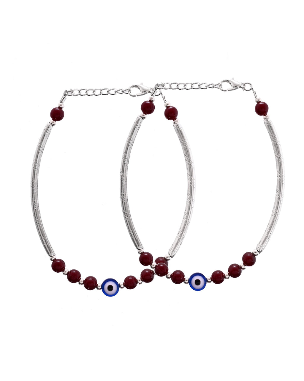 VOJ Set of 2 Silver Plated Artificial Beads Studded Evil Eye Anklet | Grocsy