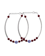 VOJ Set of 2 Silver Plated Artificial Beads Studded Evil Eye Anklet | Grocsy