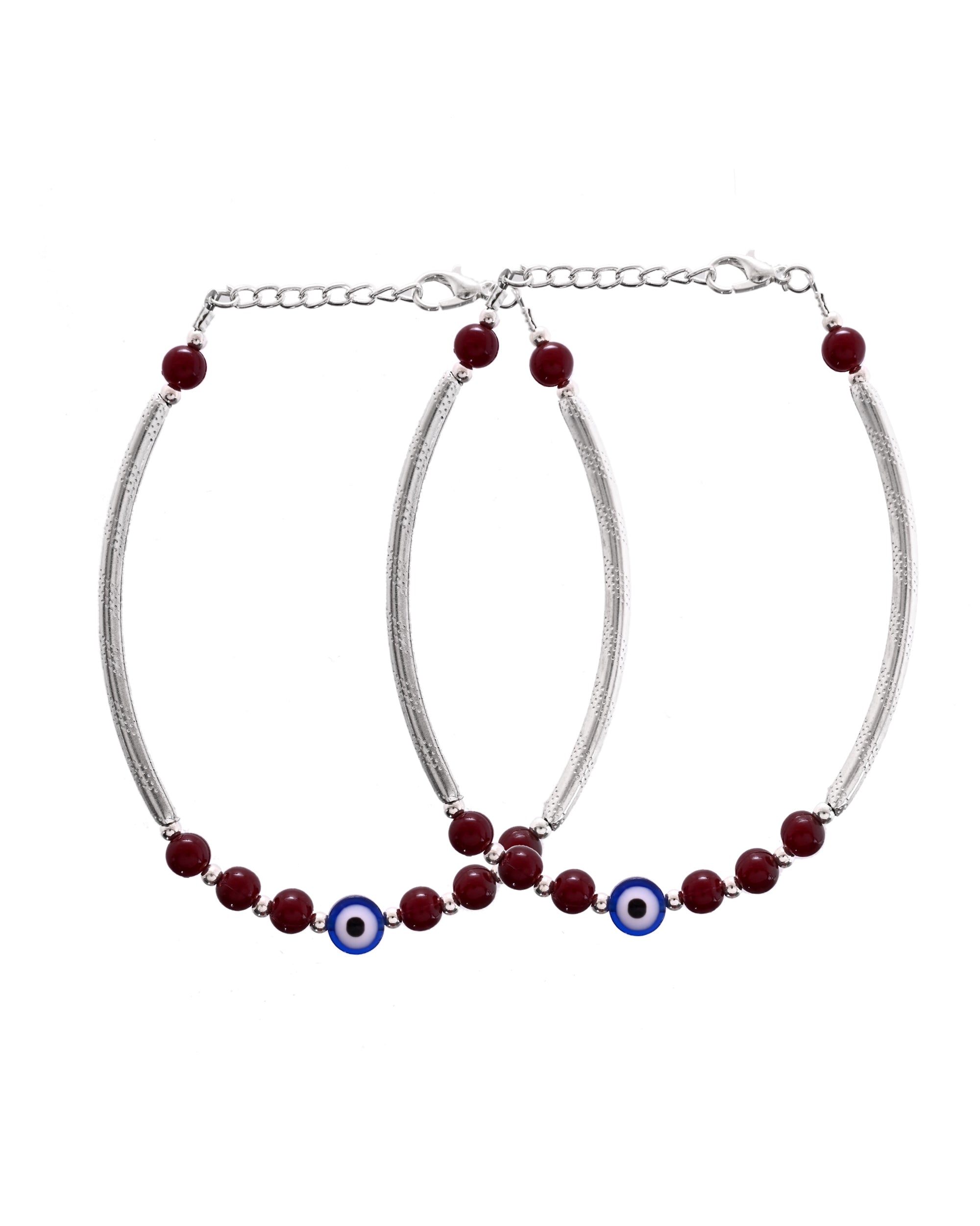 VOJ Set of 2 Silver Plated Artificial Beads Studded Evil Eye Anklet | Grocsy