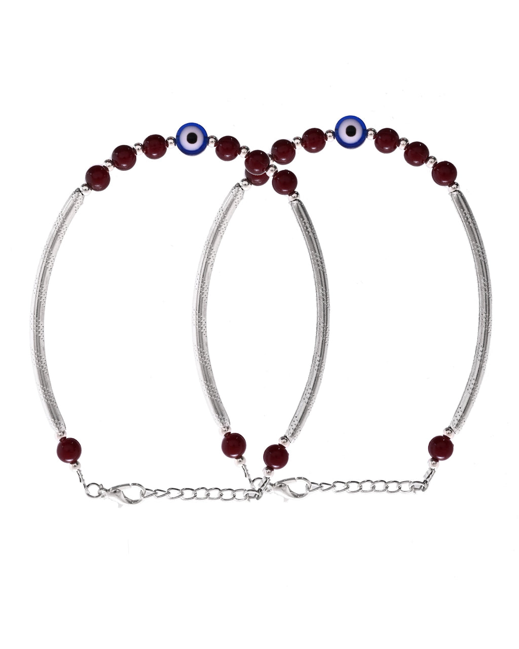 VOJ Set of 2 Silver Plated Artificial Beads Studded Evil Eye Anklet | Grocsy