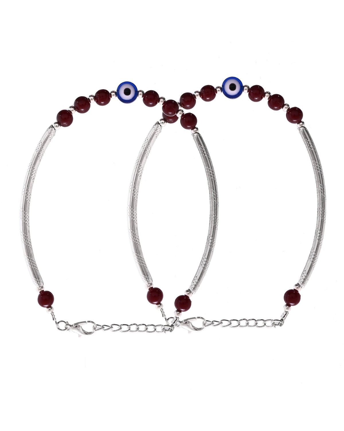 VOJ Set of 2 Silver Plated Artificial Beads Studded Evil Eye Anklet | Grocsy