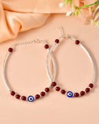 VOJ Set of 2 Silver Plated Artificial Beads Studded Evil Eye Anklet | Grocsy