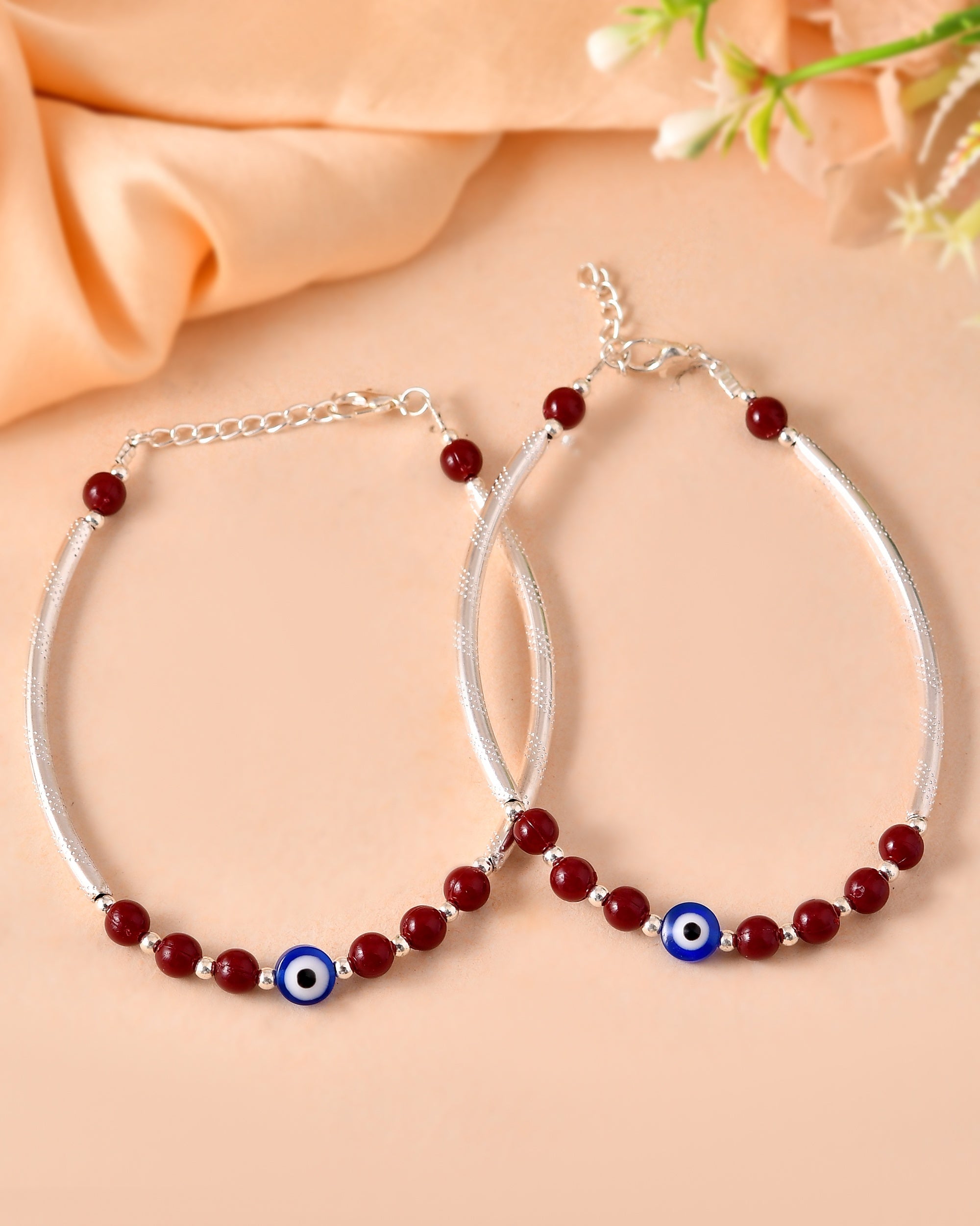 VOJ Set of 2 Silver Plated Artificial Beads Studded Evil Eye Anklet | Grocsy