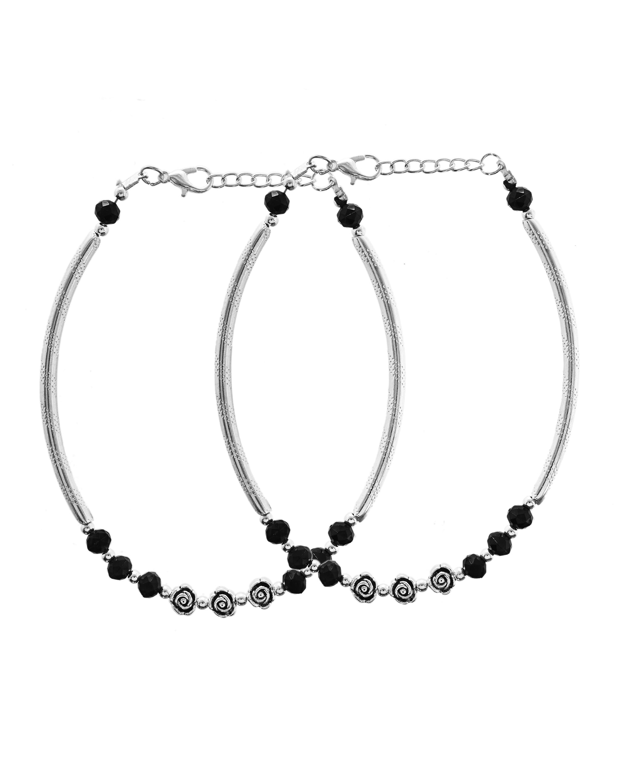 VOJ Set of 2 Silver Plated Black Artificial Beads Studded Anklet | Grocsy