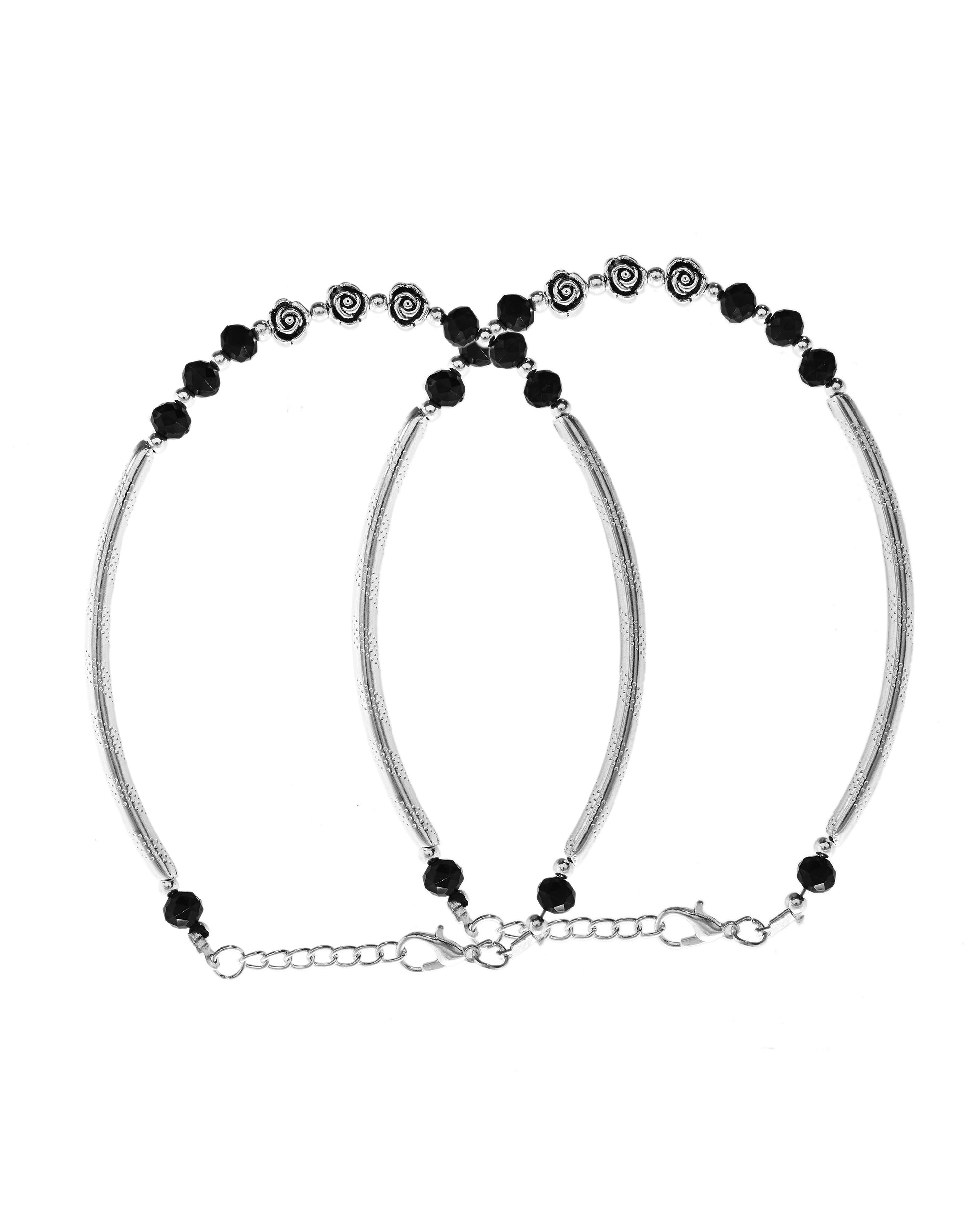 VOJ Set of 2 Silver Plated Black Artificial Beads Studded Anklet | Grocsy