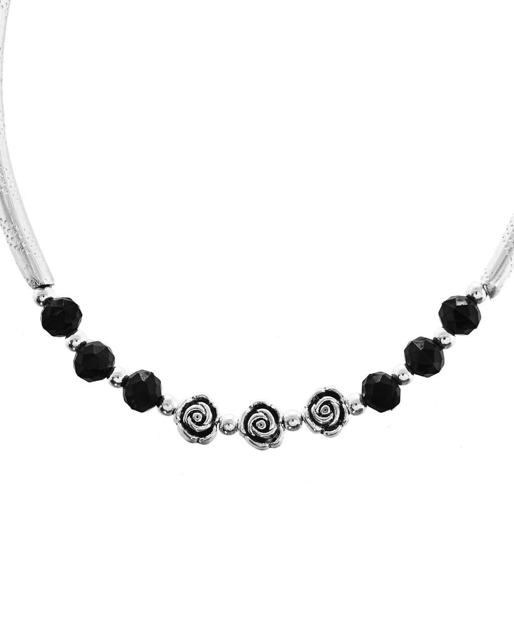 VOJ Set of 2 Silver Plated Black Artificial Beads Studded Anklet | Grocsy