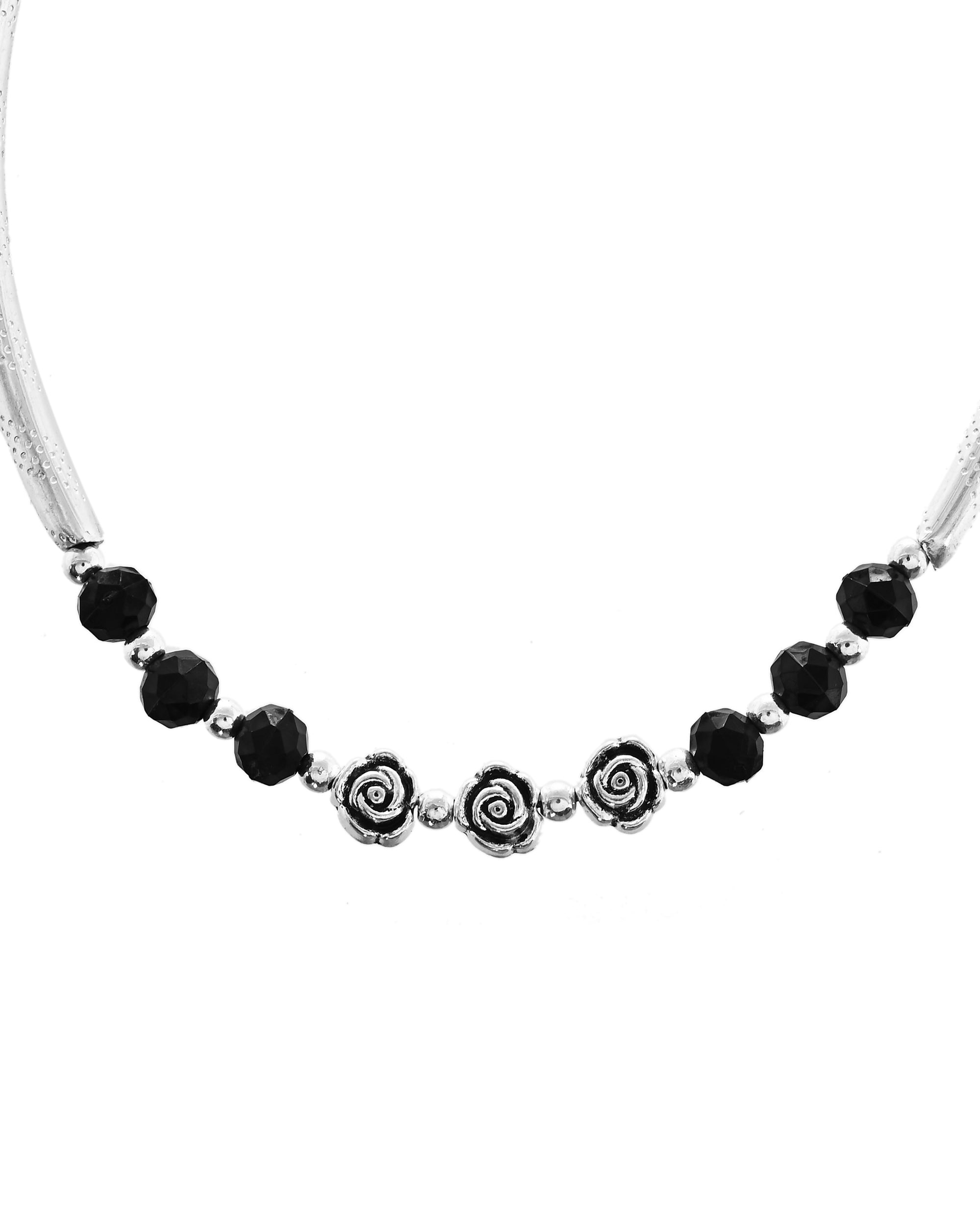 VOJ Set of 2 Silver Plated Black Artificial Beads Studded Anklet | Grocsy