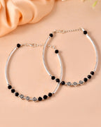 VOJ Set of 2 Silver Plated Black Artificial Beads Studded Anklet | Grocsy