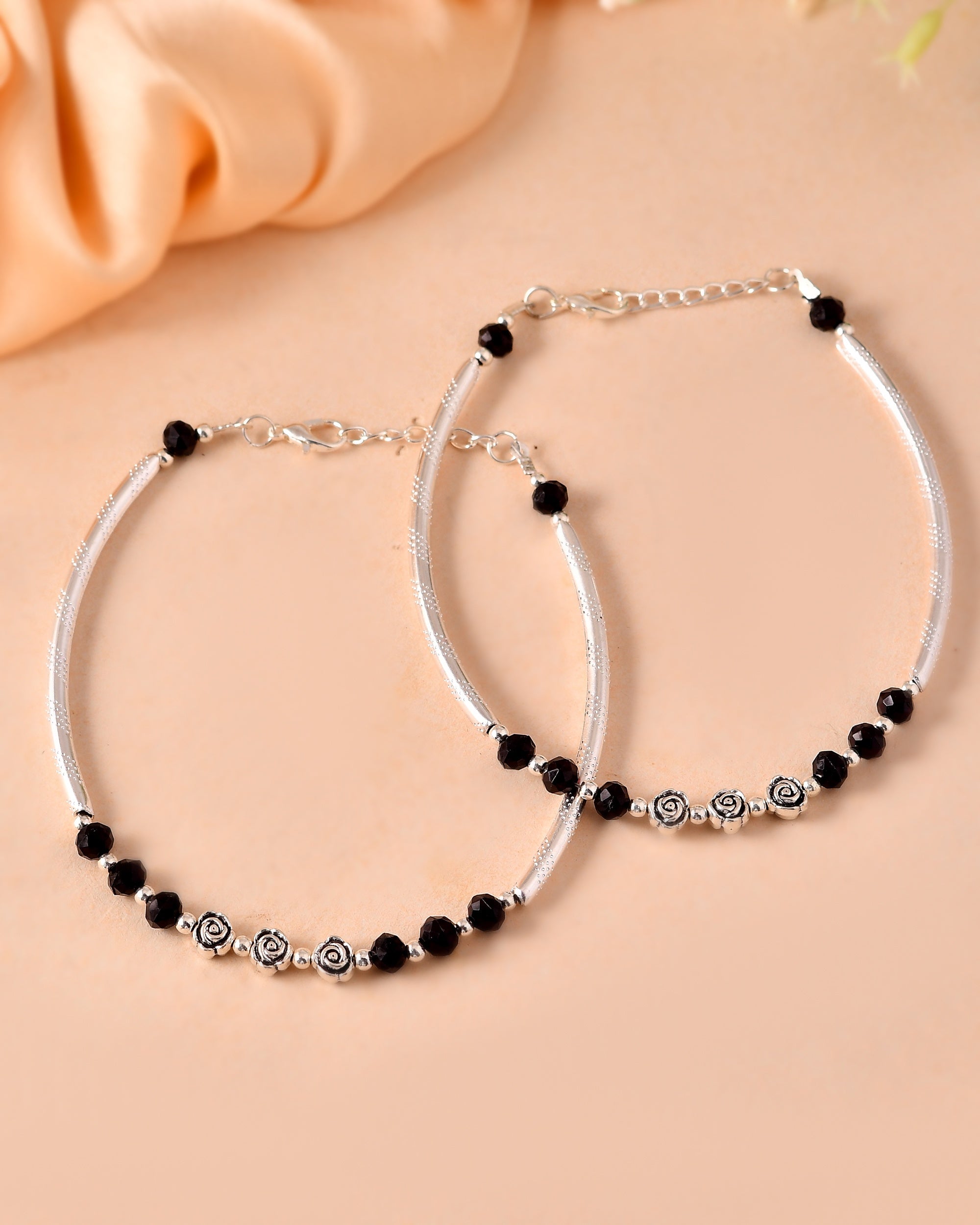 VOJ Set of 2 Silver Plated Black Artificial Beads Studded Anklet | Grocsy
