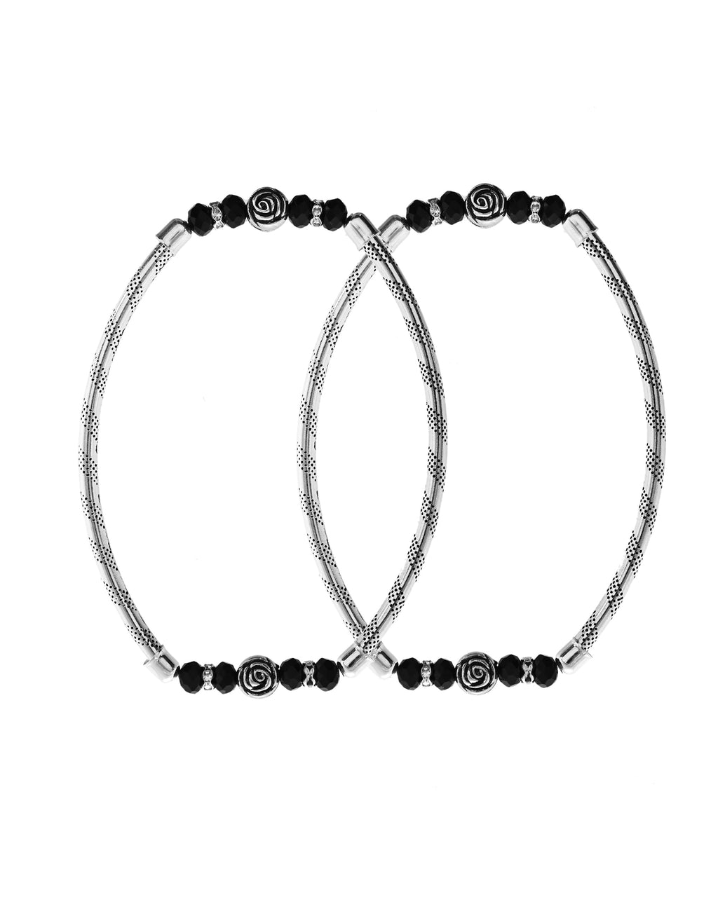 VOJ Set of 2 Silver Tone Stainless Steel Artificial Beads Elasticated Anklet | Grocsy