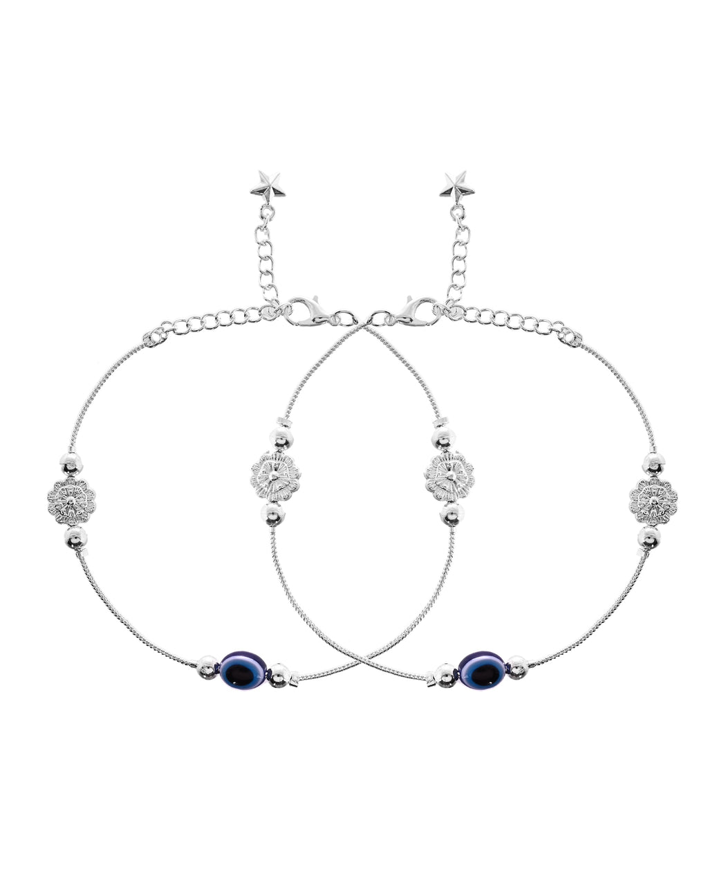 VOJ Set of 2 Silver Plated Evil Eye Bead Studded Stainless Steel Anklet | Grocsy