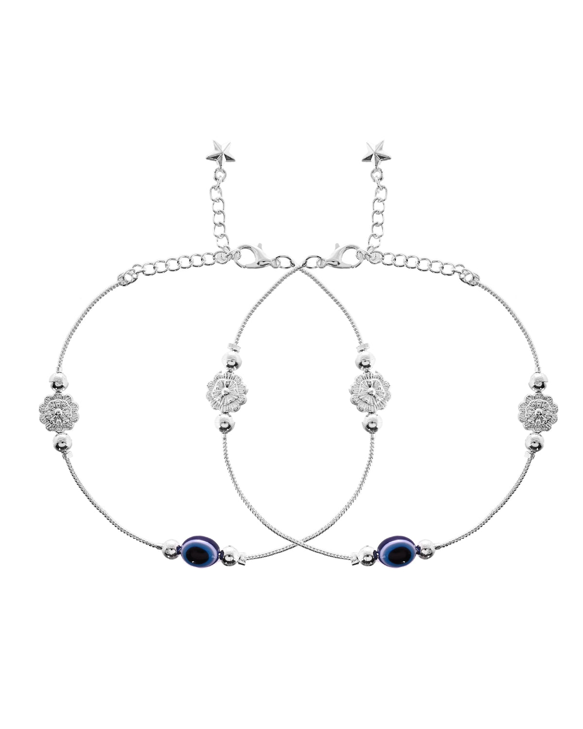 VOJ Set of 2 Silver Plated Evil Eye Bead Studded Stainless Steel Anklet | Grocsy