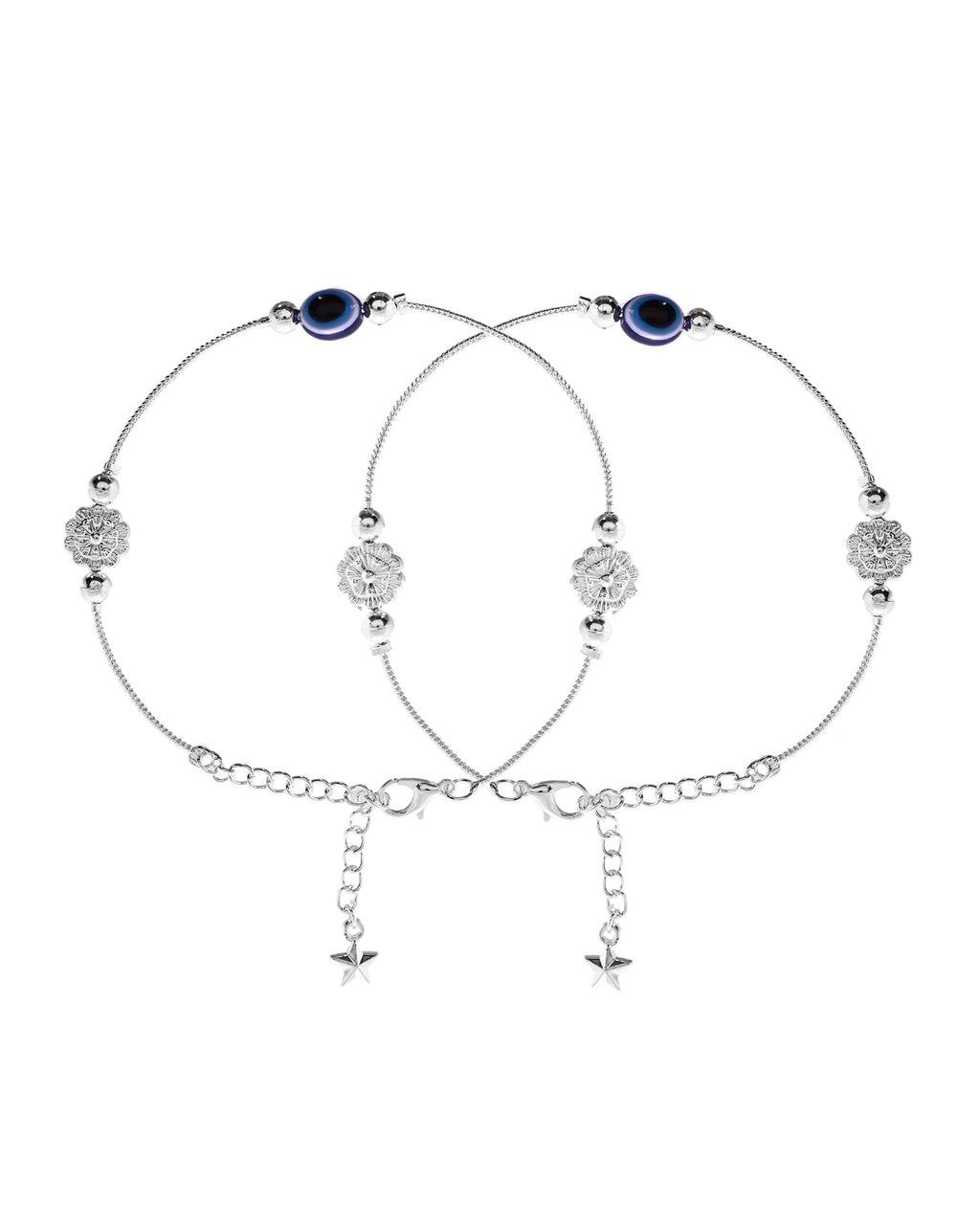 VOJ Set of 2 Silver Plated Evil Eye Bead Studded Stainless Steel Anklet | Grocsy