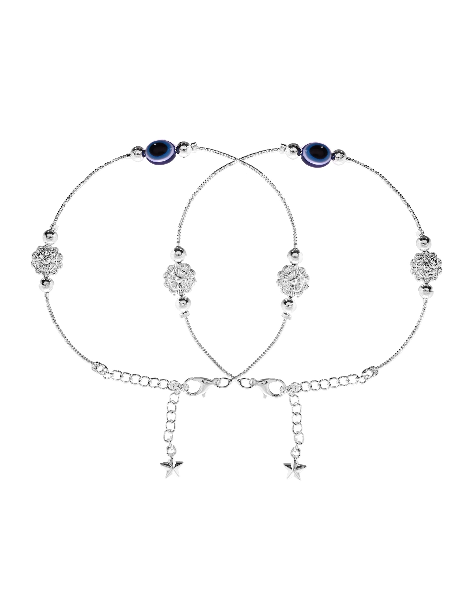 VOJ Set of 2 Silver Plated Evil Eye Bead Studded Stainless Steel Anklet | Grocsy