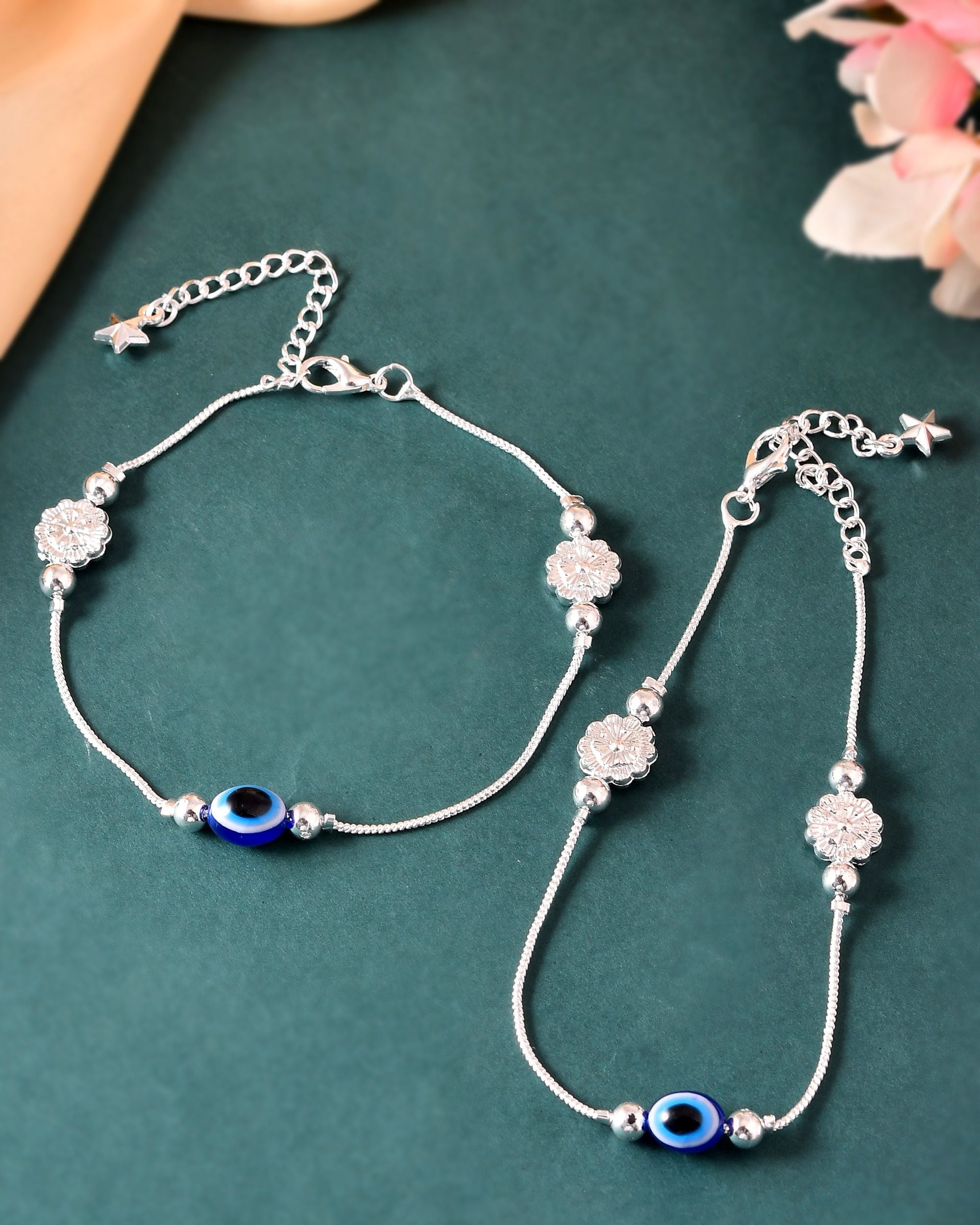 VOJ Set of 2 Silver Plated Evil Eye Bead Studded Stainless Steel Anklet | Grocsy