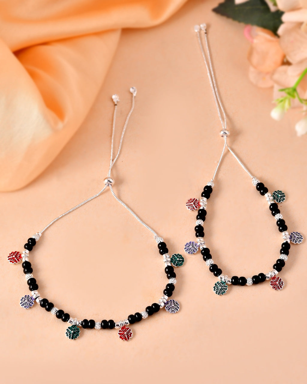 VOJ Set of 2 Stainless Steel Artificial Beads Anklet | Grocsy