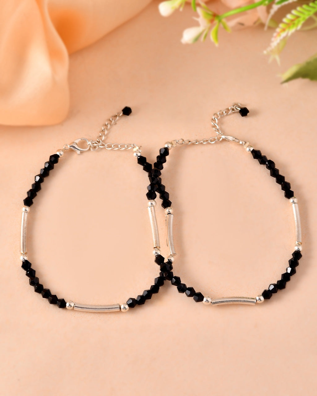 VOJ Set of 2 Black Artificial Beads Studded Anklet | Grocsy