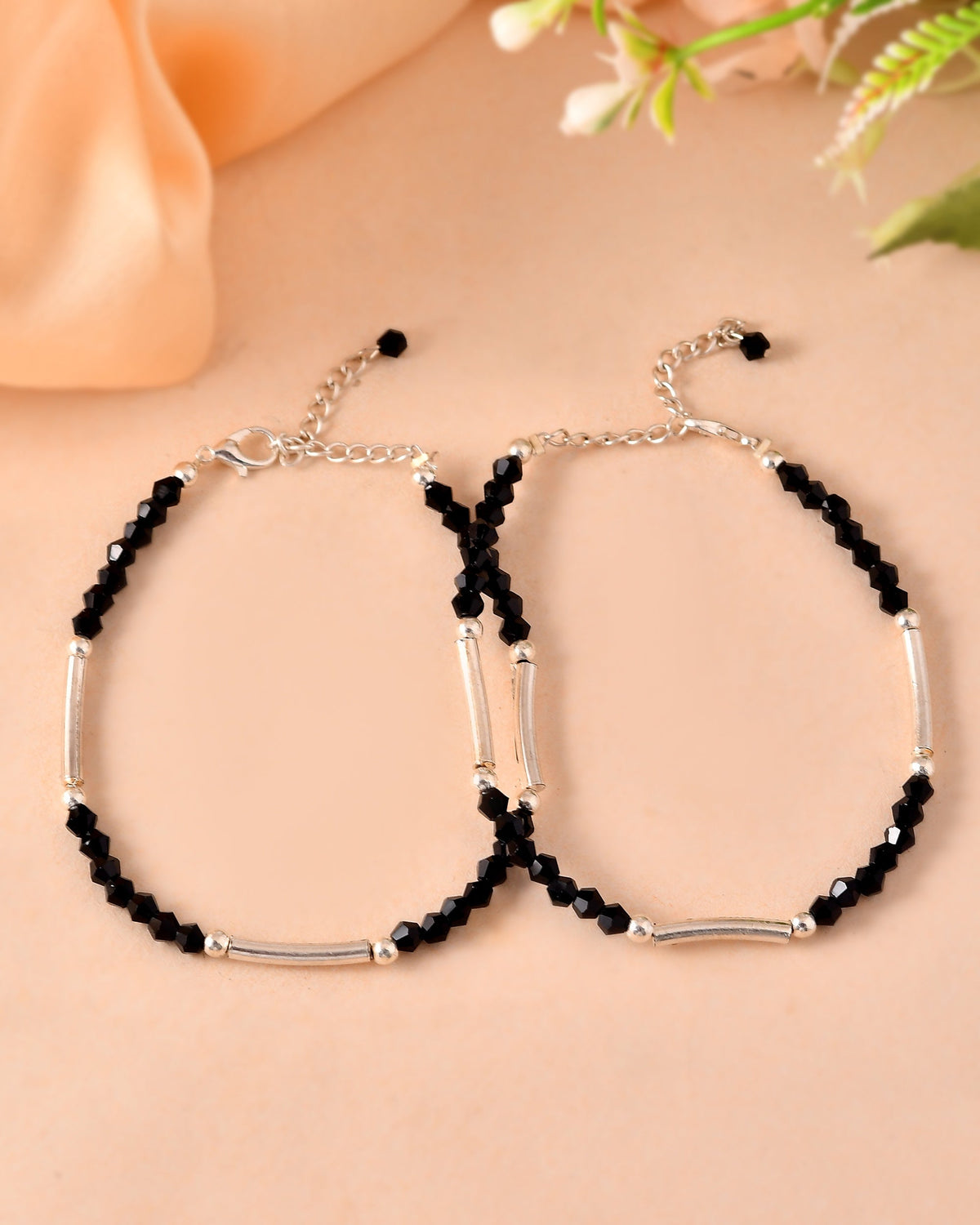 VOJ Set of 2 Black Artificial Beads Studded Anklet | Grocsy