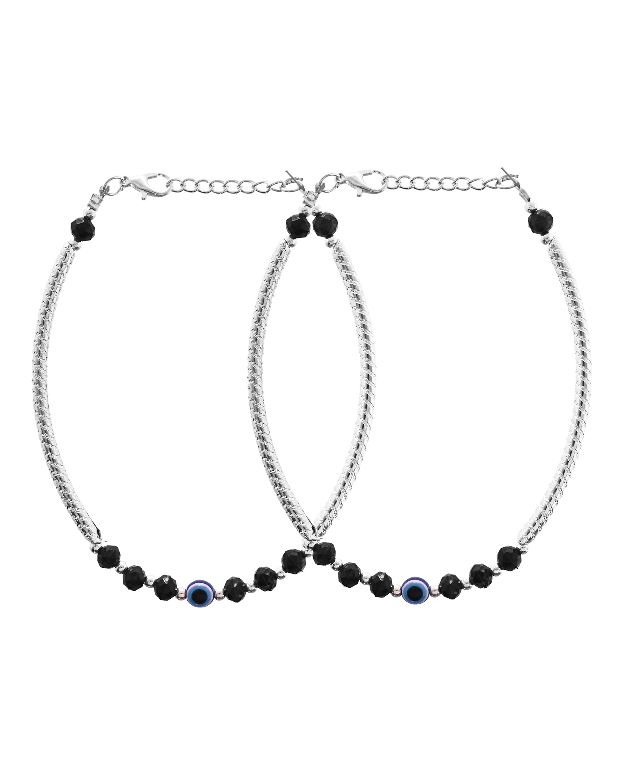 VOJ Set of 2 Evil Eye Bead Studded Stainless Steel Anklet | Grocsy