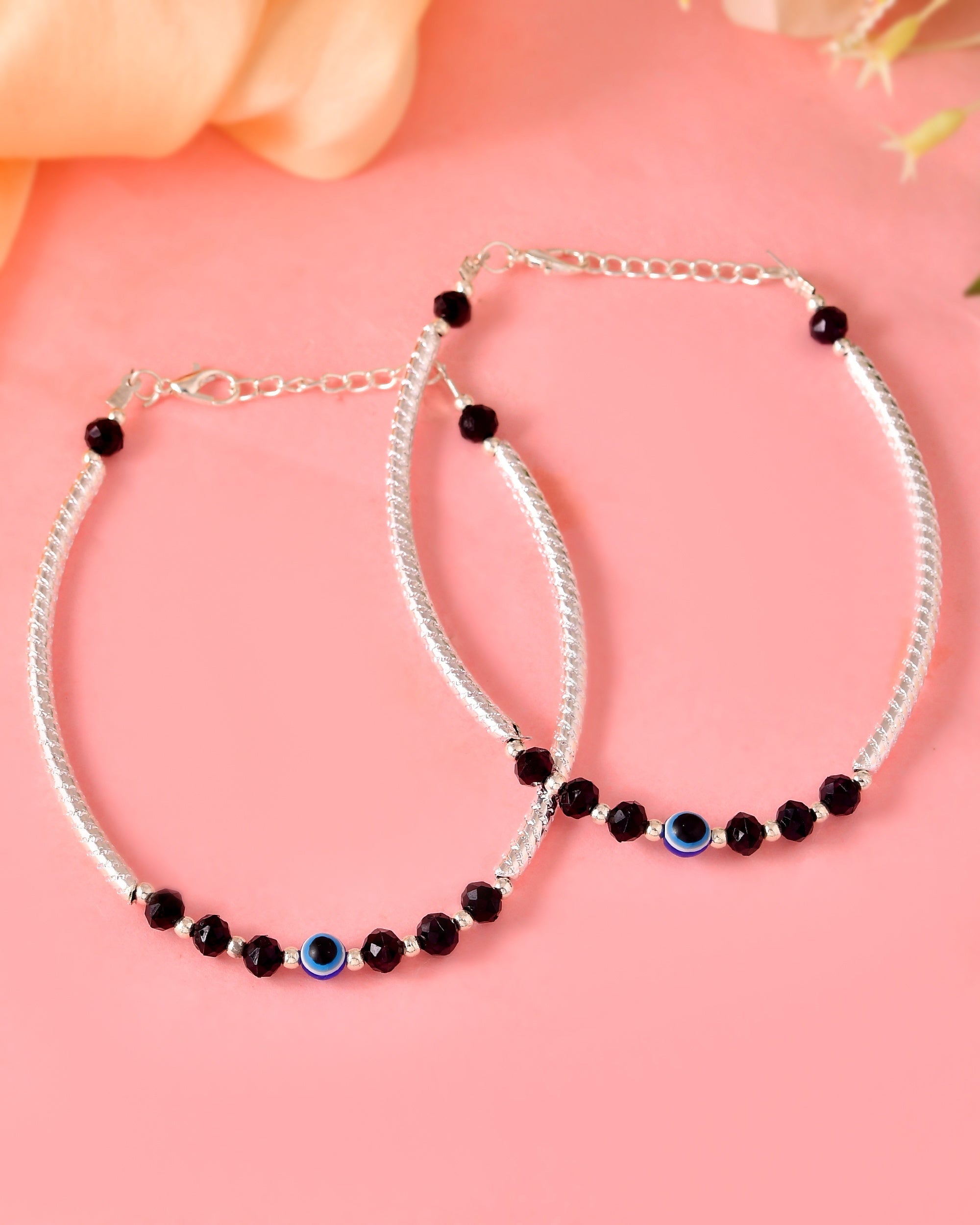 VOJ Set of 2 Evil Eye Bead Studded Stainless Steel Anklet | Grocsy