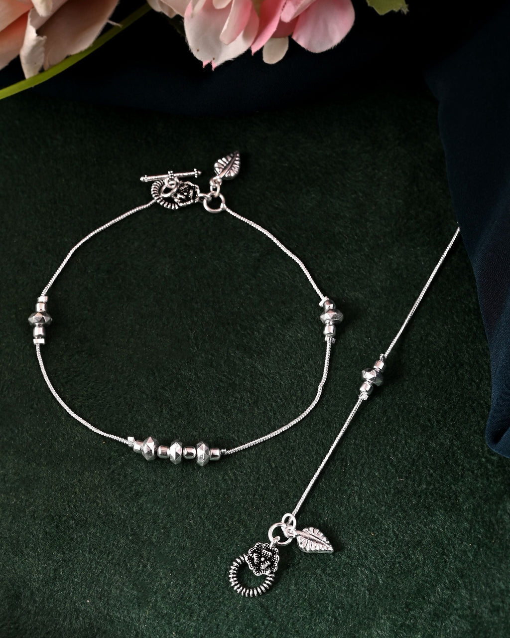 VOJ Set of 2 Silver Tone Handcrafted Stainless Steel Anklet | Grocsy