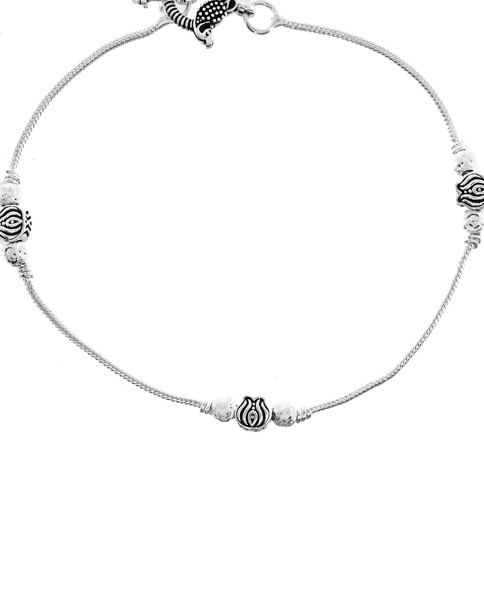 VOJ Set of 2 Silver Toned Floral Handcrafted Stainless Steel Anklet | Grocsy