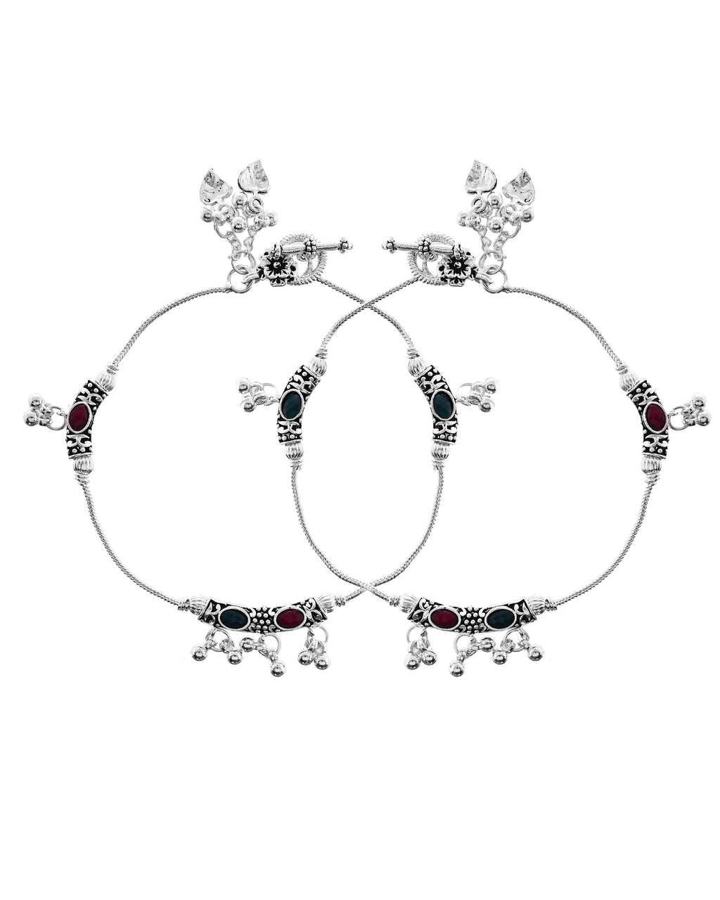 VOJ Set of 2 Silver Toned Meenakari Designed Stainless Steel Anklet | Grocsy