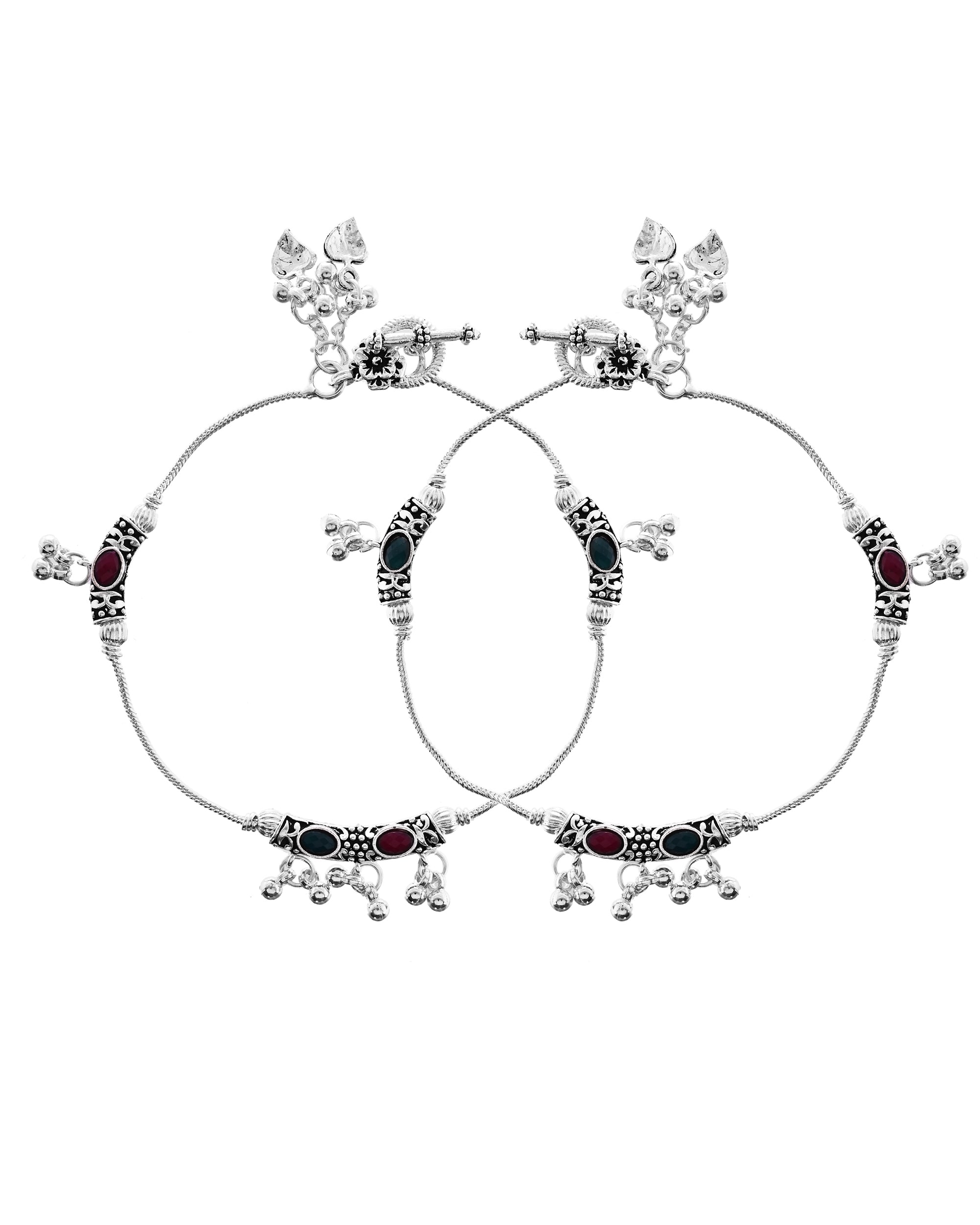 VOJ Set of 2 Silver Toned Meenakari Designed Stainless Steel Anklet | Grocsy
