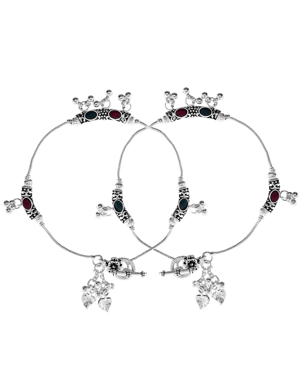 VOJ Set of 2 Silver Toned Meenakari Designed Stainless Steel Anklet | Grocsy