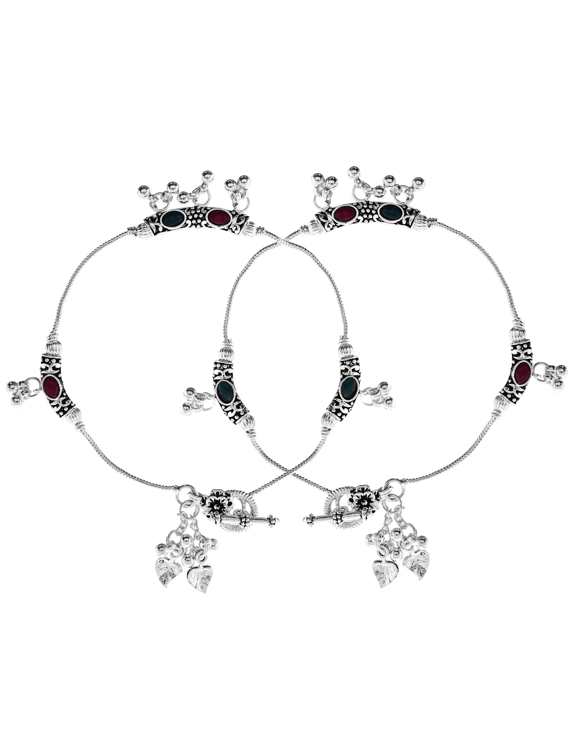 VOJ Set of 2 Silver Toned Meenakari Designed Stainless Steel Anklet | Grocsy