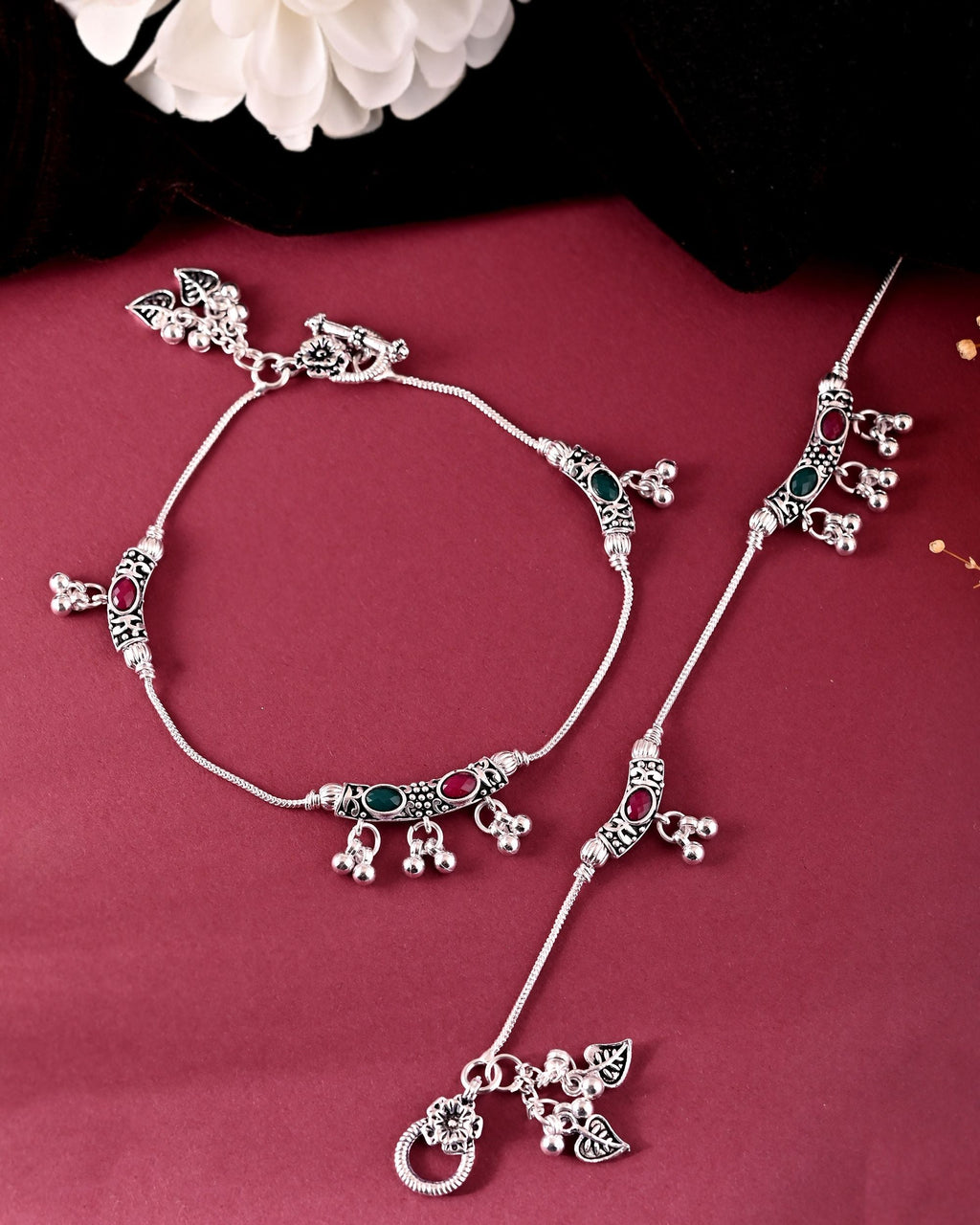 VOJ Set of 2 Silver Toned Meenakari Designed Stainless Steel Anklet | Grocsy