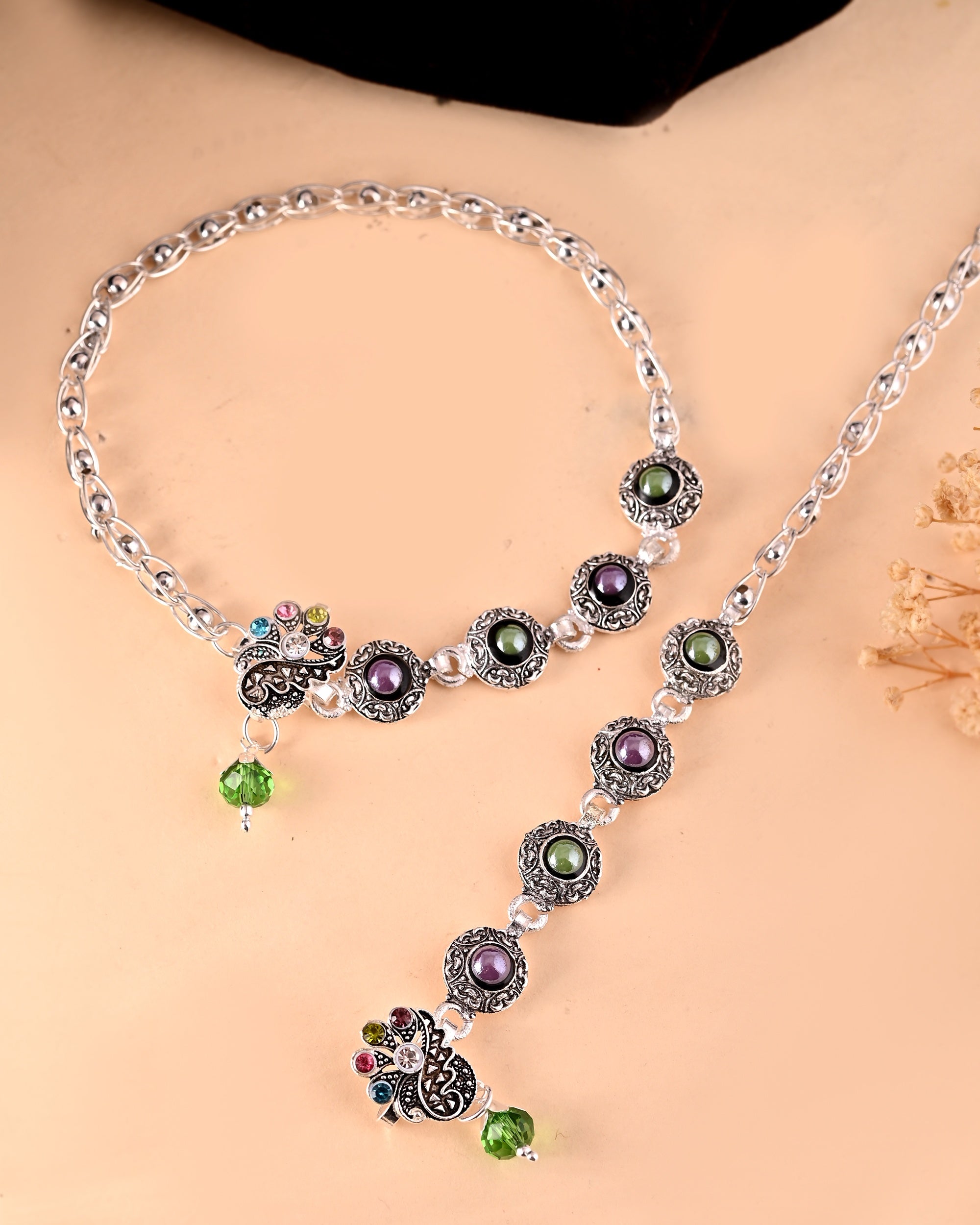 VOJ Set of 2 Handcrafted Stone Studded oxidized Anklet | Grocsy