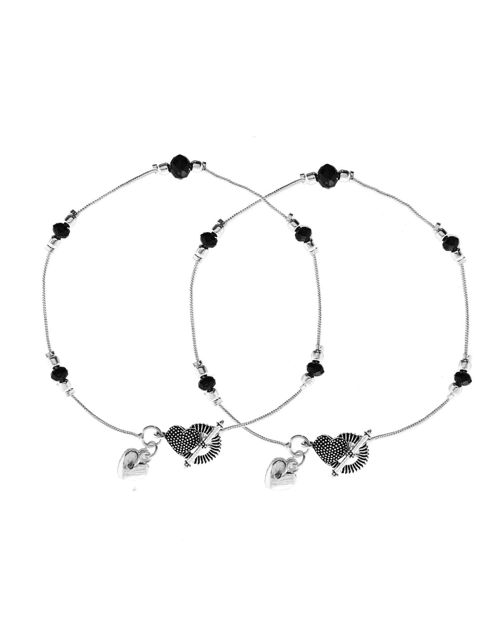 VOJ Set of 2 Black Beads Studded Designer Anklet | Grocsy