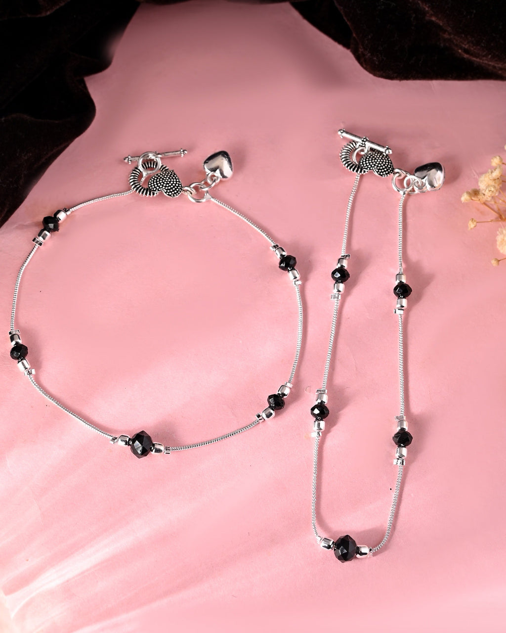 VOJ Set of 2 Black Beads Studded Designer Anklet | Grocsy