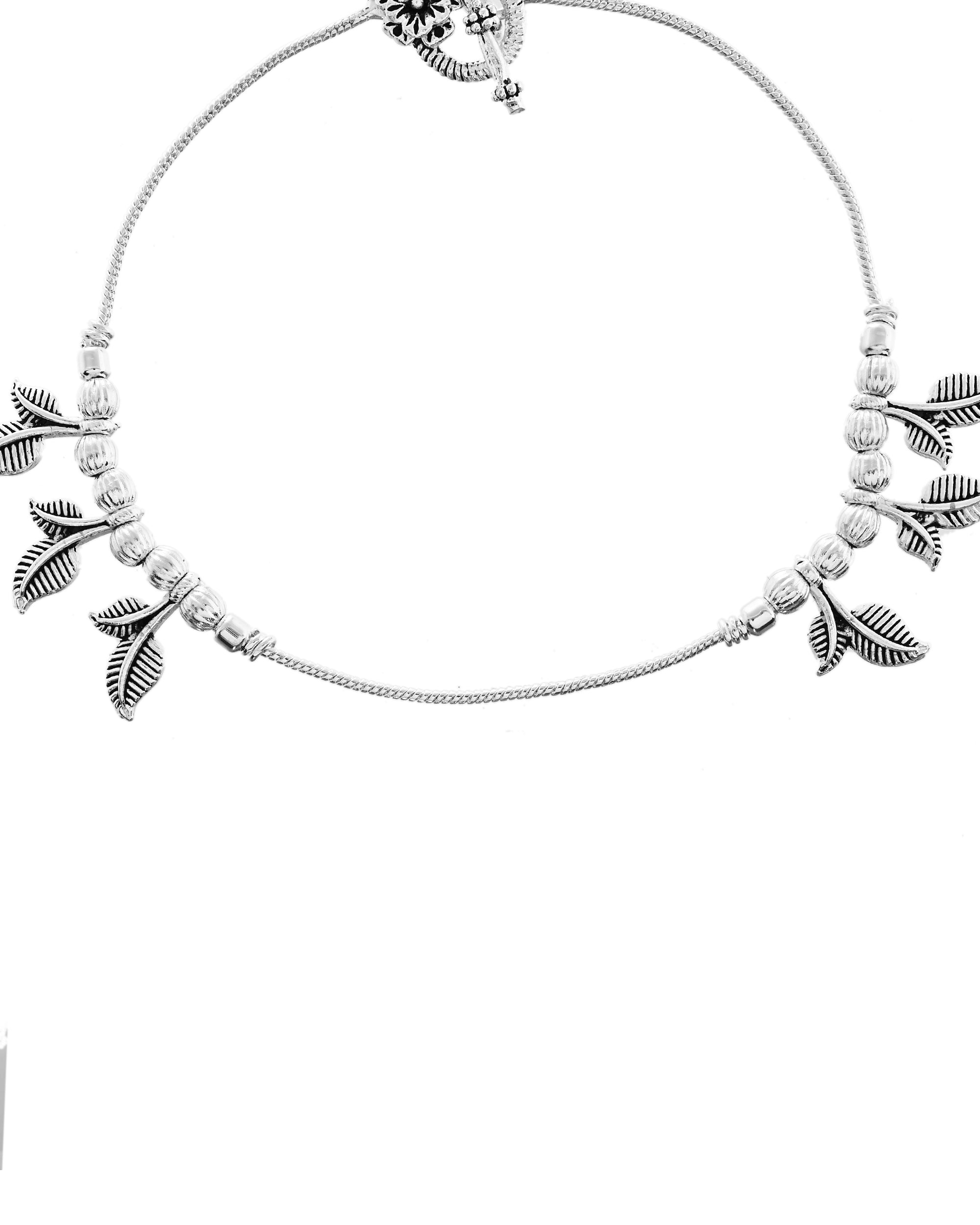 VOJ Set of 2 Silver Toned Leaf Designed Handcrafted Anklet | Grocsy