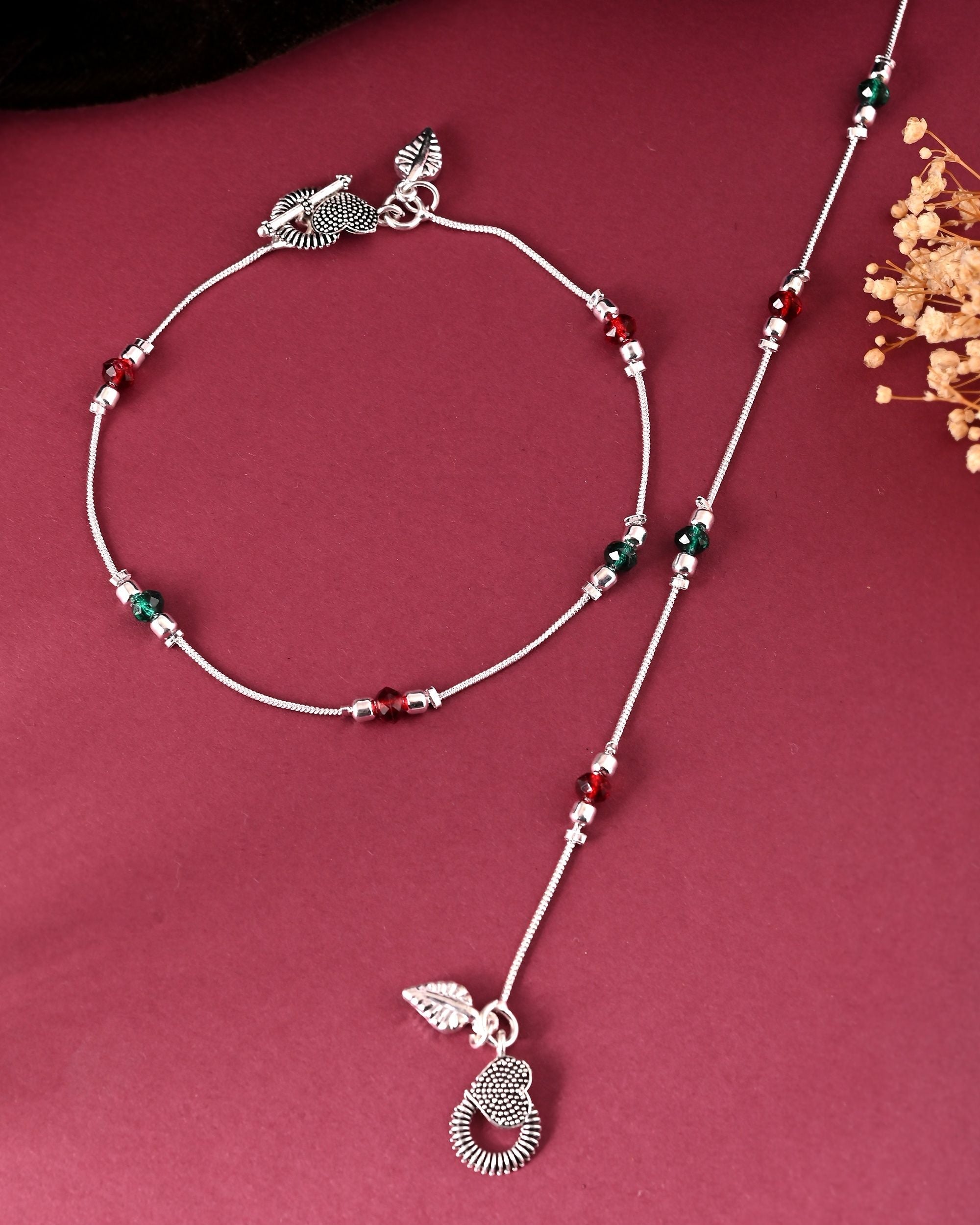 VOJ Set of 2 Silver Toned Handcrafted Artificial Beads Designer Anklet | Grocsy